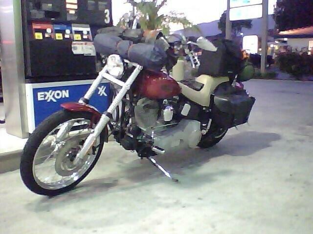 Nick Sharpe's 2004 Harley Davidson FXSTi loaded for the road in Goleta